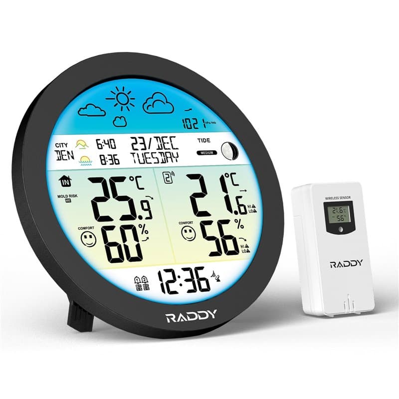 Raddy DT7 Station météo sans fil avec capteur à distance, thermomètre-hygromètre, stations météo avec grand écran couleur HTN, h