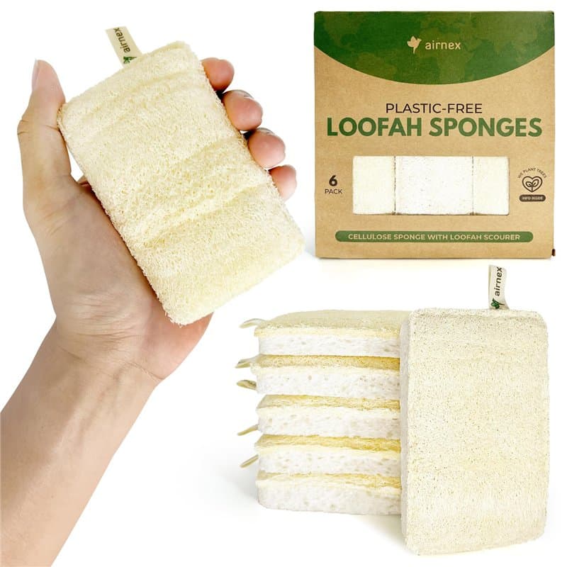 AIRNEX Lot de 6 éponges en luffa naturel pour vaisselle – Compostables et cellulosiques – Éponges de cuisine sans plastique avec