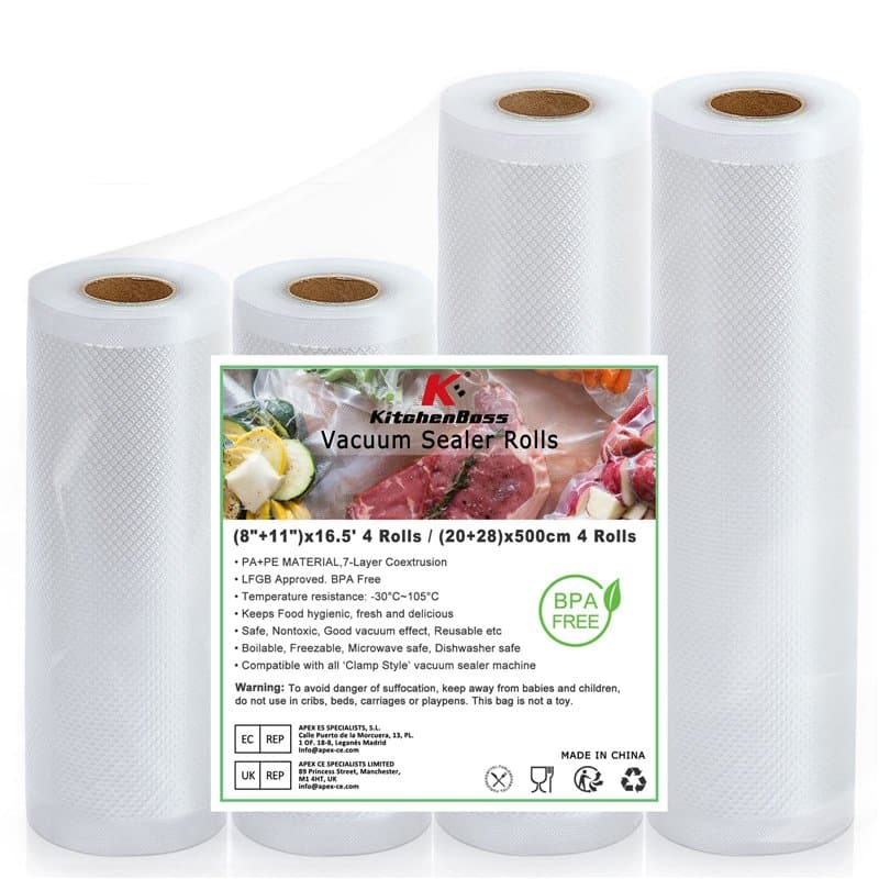 KitchenBoss Sac Sous Vide Alimentaire: 4 Rouleaux Sous Vide 20|28| x500 cm, Sans BPA, Libre De Couper, Durable, Compatible, Stoc