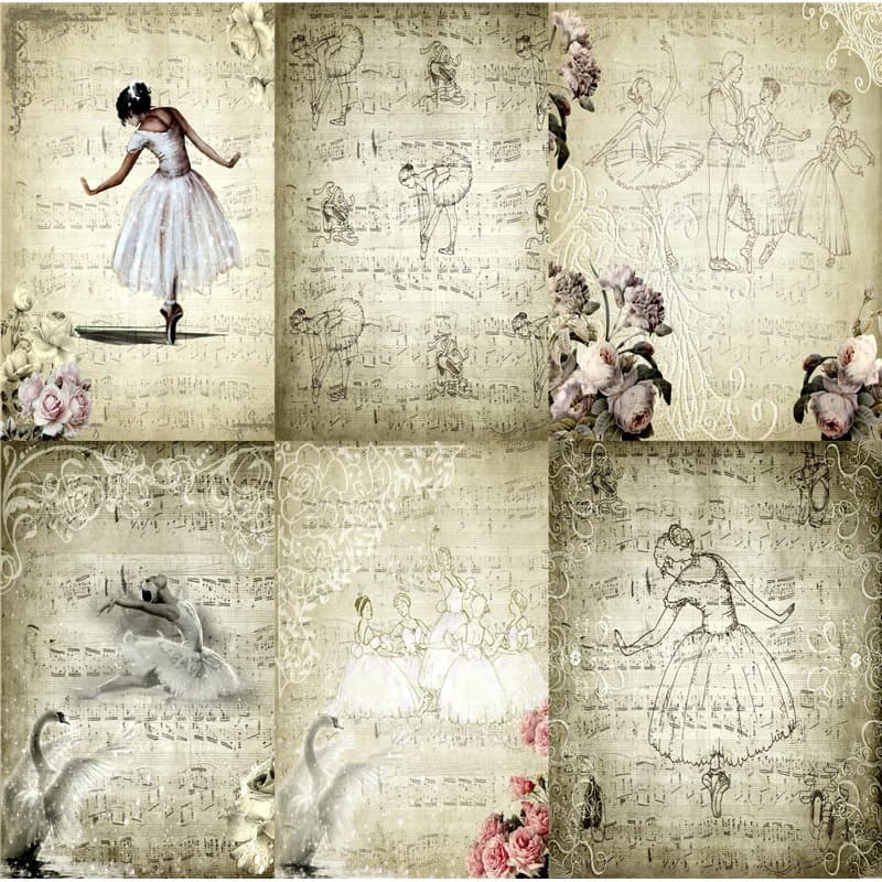 Papier de riz de mûrier de fond de ballet, 20,5 x 26,5 cm – 6 images différentes de papier de mûrier imprimées 30 g/m² fibres vi