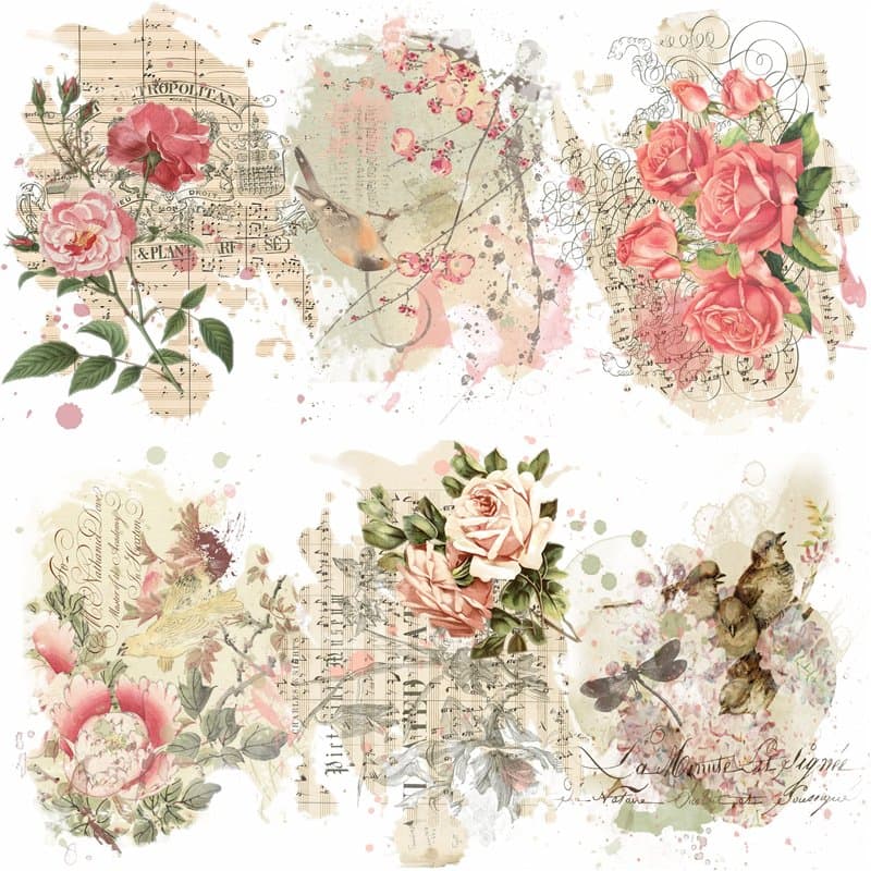 Papier de riz imprimé roses et oiseaux - 20,32 x 26,67 cm - 6 images différentes de papier de mûrier 30 g/m² - Fibres visibles p