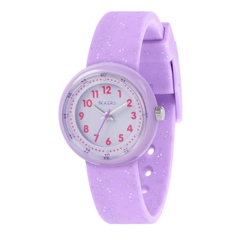 Tikkers Montre à quartz analogique pour apprendre à lire l'heure avec bracelet pailleté Violet, violet, Minimaliste