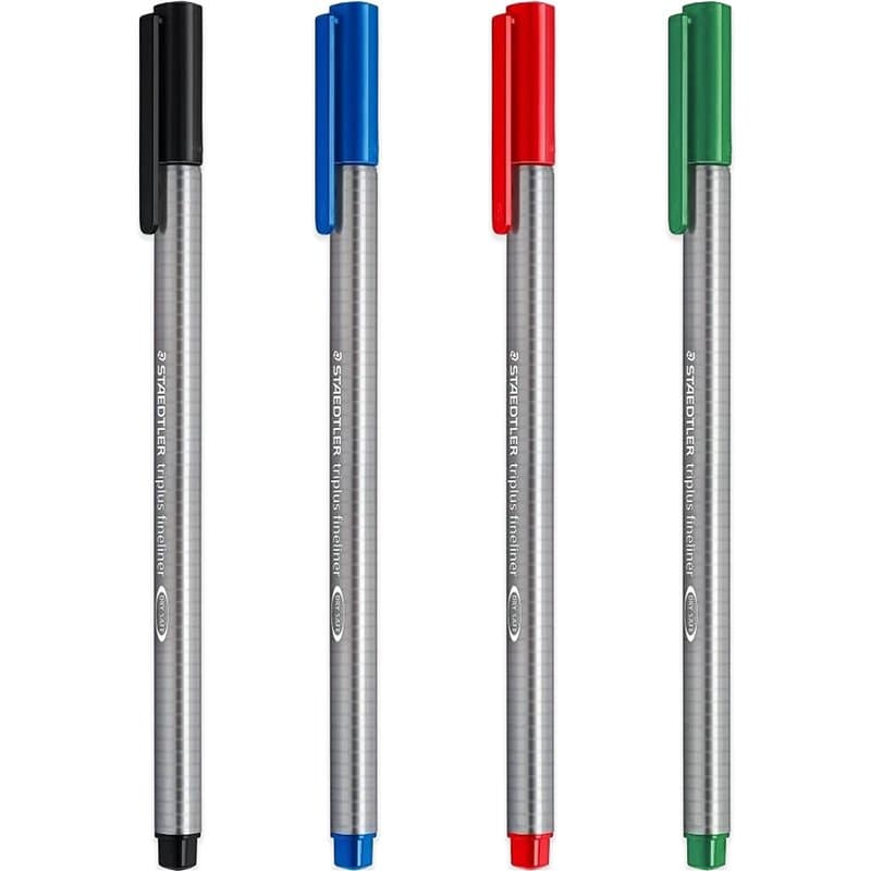 Staedtler Triplus 334 Lot de 4 stylos à pointe fine Pointe superfine 0,3 mm Noir/bleu/rouge/vert