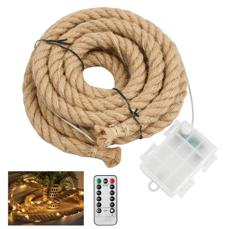 Litinliv Guirlande Lumineuse LED en Corde de Chanvre, 300cm 60 LEDs, Fonctionne à Batterie, 8 Modes, Télécommande, pour Intérieu