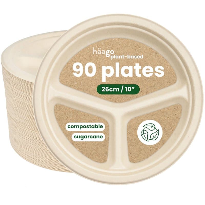 HAAGO 90 Assiettes Jetables en Bagasse de Canne à Sucre - Écologique & Compostable (3 Compartiments, 26 CM)