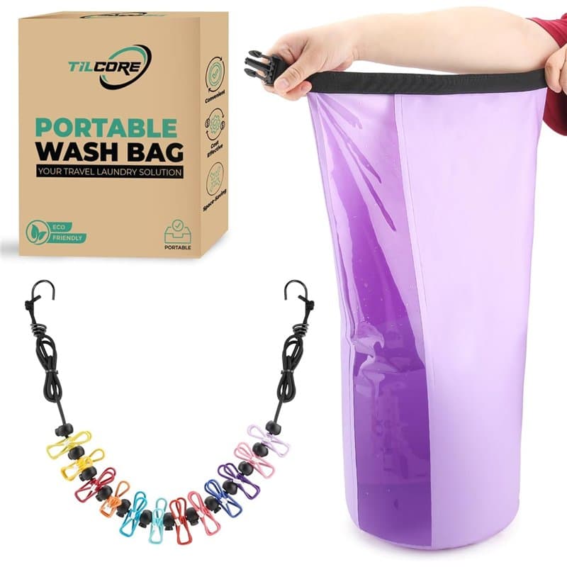 Sac Lave-Linge Manuel et Corde à Linge Rétractable - Sac de Voyage et Lavage Portable - Machine à Laver de Camping Durable