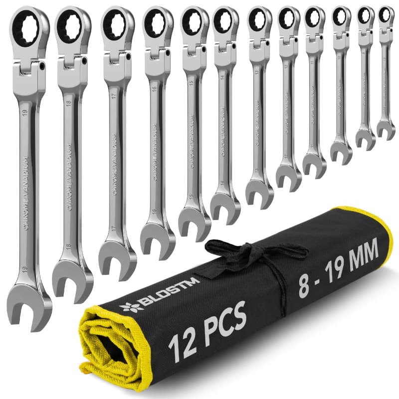 BLOSTM Lot de 12 clés mixtes à cliquet flexibles 8 à 19 mm, tête flexible à 180°, système d'engrenage à 72 dents en acier Cr-V p