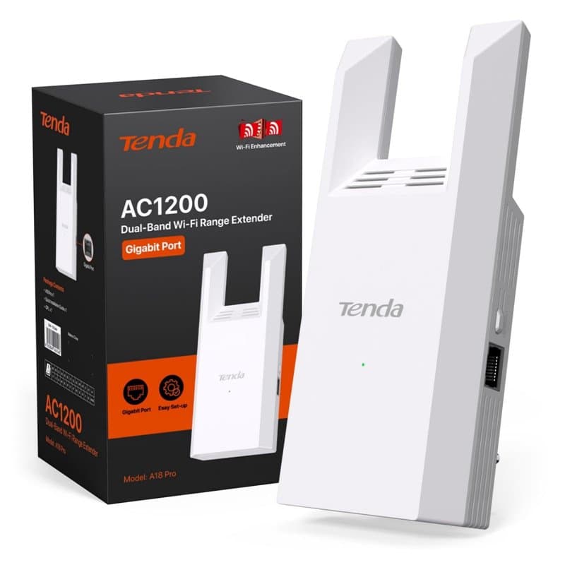 Tenda A18 Pro Répéteur WiFi Puissant AC1200, Amplificateur WiFi Port Gigabit, 2 Antennes 3dBi Signal Renforcé Extender, Mode AP,