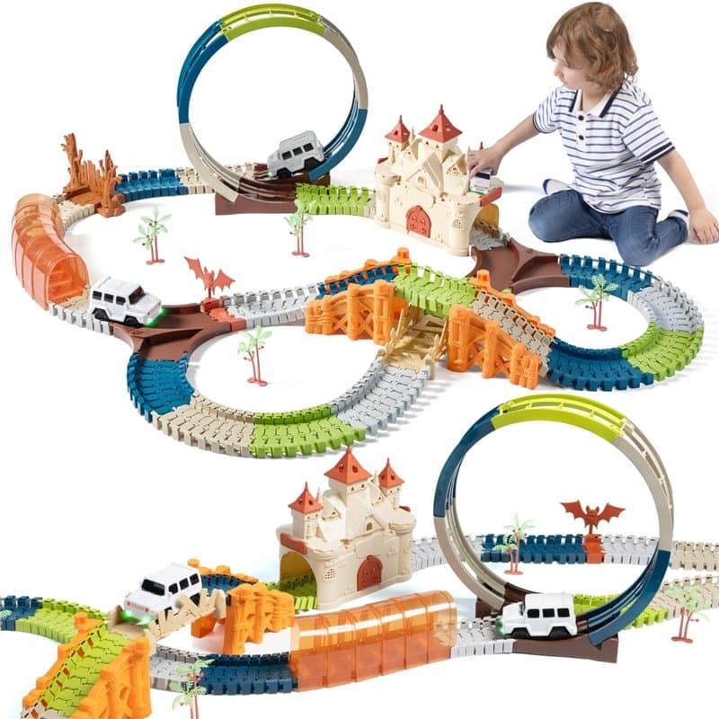 TUMAMA Circuit Voiture Enfant Electrique Cars Jouet Automatique Voiture Pont et Tunnel 202 Pièces Ensemble de Pistes de Voiture
