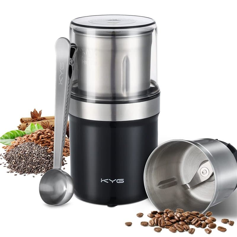 Moulin à Café Électrique KYG pour Graines, Poivre, Graines de Lin avec Bol Amovible, Moulin à Épices 300W, Tasse en Acier Inoxyd