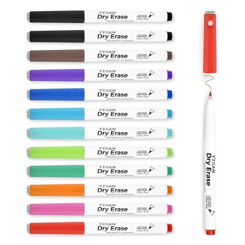 YISAN Feutre Tableau Blanc Effacable, Magnetique Feutre Effaçable à Sec et à Pointe Fine,0.7mm Ultra Fine Pointe, 10+2 Couleurs,