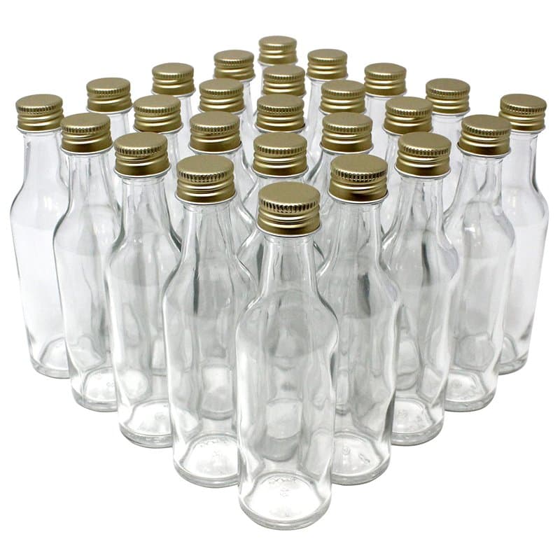 Aromhuset Lot de 25 bouteilles en verre vides de 50 ml avec verres à vodka, transparents et bouchons à visser dorés, à remplir a