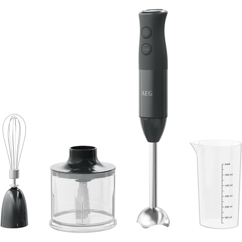 AEG HB4-1-6GG Mixeur plongeant avec accessoires, puissance 600 W, 10 vitesses, fonction Turbo, mini hachoir, bras batteur, verre