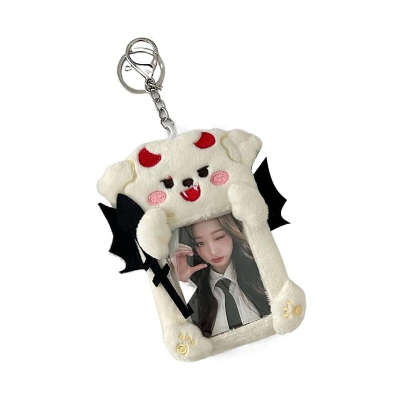 HOOLRZI Porte-carte Photo en peluche avec porte-clés, pochette Photo diable/ange, porte-carte Photo Kpop, porte-carte d'étudiant