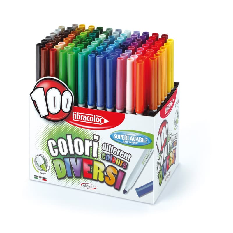 FIBRACOLOR Marqueurs 100 couleurs Lot de 100 feutres pointe conique en 100 couleurs différentes, superlavables