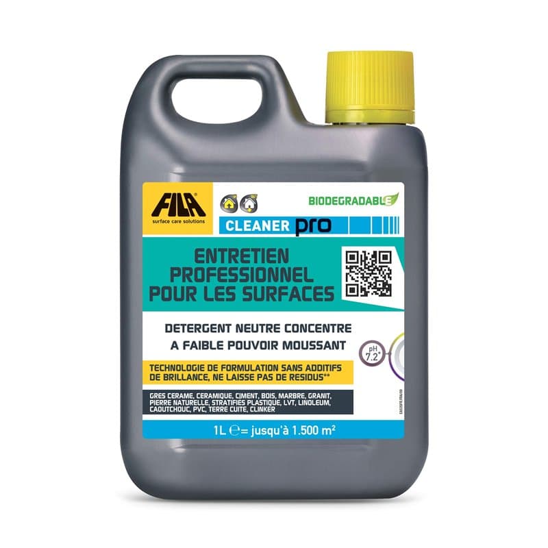 FILA Surface Care Solutions, CLEANER PRO, Détergent Professionnel Concentré pour Sols avec un pH Neutre, Jusqu'à 40 Lavages, 1L
