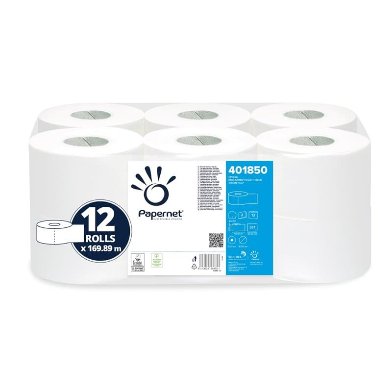 Papernet - Papier Hygiénique Mini Jumbo 401850, 6 Rouleaux de Papier en Pure Cellulose de 169,89m Chacun, 2 Plis, 3.342 Services