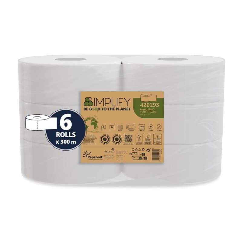 Papernet Simplify Maxi Jumbo Carbon Neutral 420293 Lot de 6 rouleaux de papier en pure cellulose de 300 m chacun, 2 voiles, 7 83
