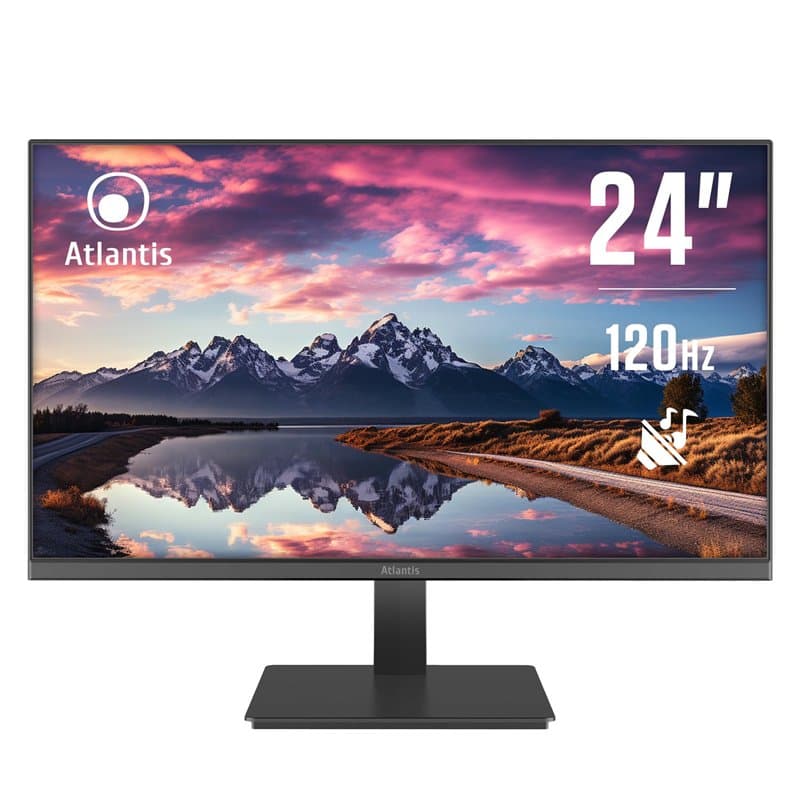 ATLANTIS Moniteur 24 pouces, écran 24" VA 120Hz, Full HD 1920x1080, VGA HDMI, multimédia, FreeSync, sortie audio/casque, inclin,