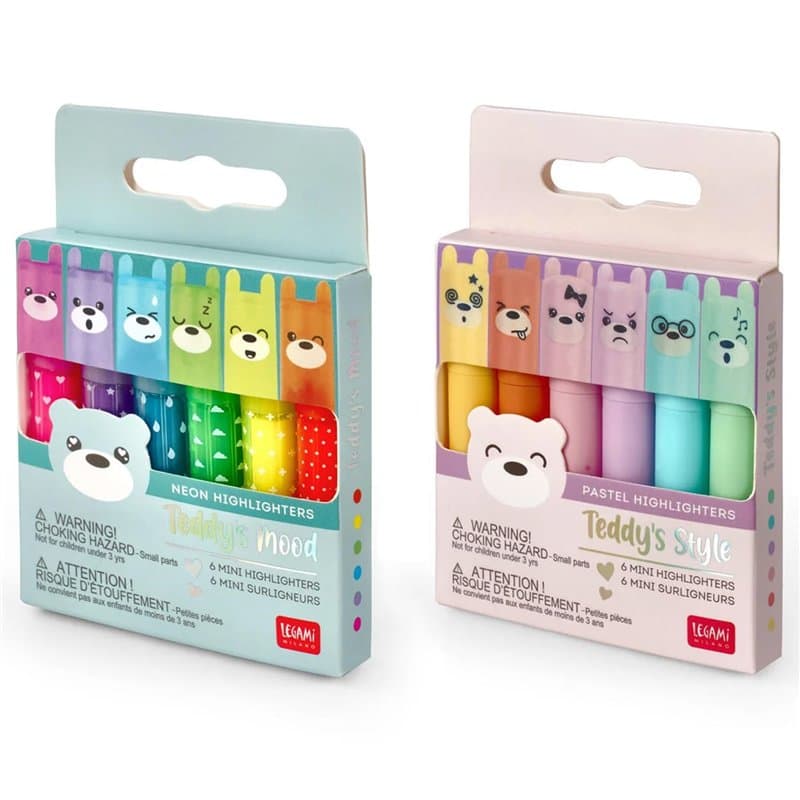LEGAMI Mini surligneurs – Lot de 12 stylos – Teddy's Mood & Teddy's Style – Couleurs pastel et fluo