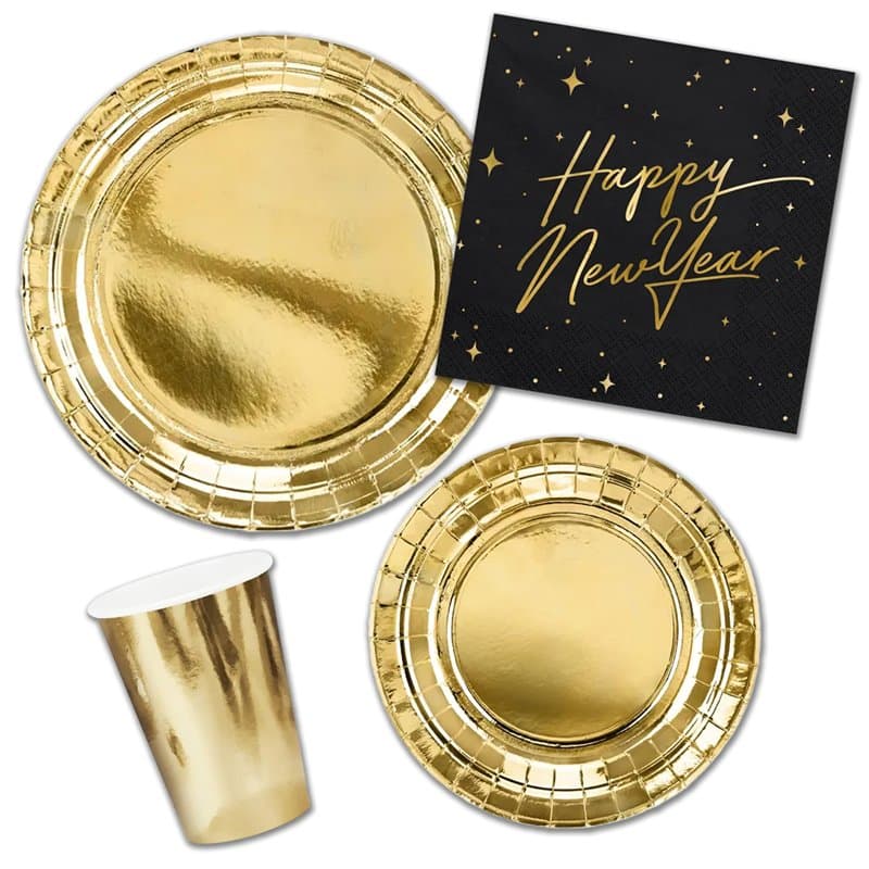 Decoraparty Set de vaisselle du Nouvel An en or pour 6 personnes, décorations dorées de table jetable pour réveil, dernière anné
