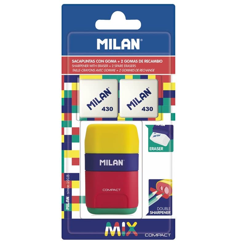 MILAN BYM10315 Compact Mix Taille-crayons avec 2 Caoutchouc de remplacement