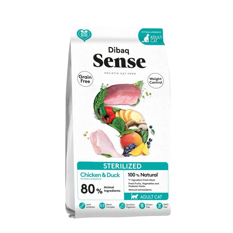 Dibaq Sense Cat Sterilized : Aliment Sec, Nourriture complète, Naturelle 100% et sans céréales de Poulet et de Dinde pour Chats