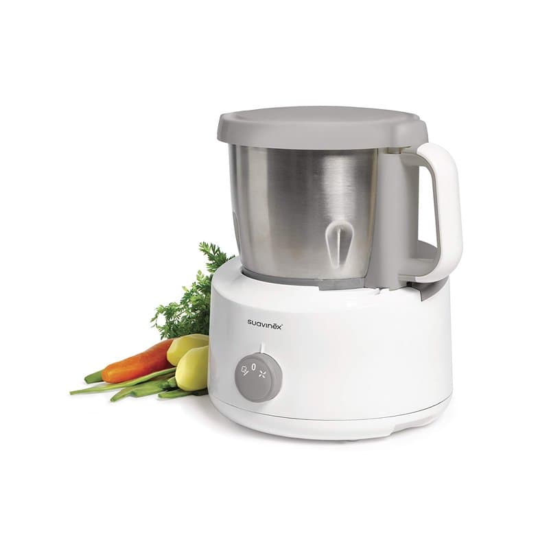 Suavinex, Robot de Cuisine Bébé, 5 en 1 : Cuit à la Vapeur, Réchauffe, Décongèle, Mixe et Stérilise. Bol en Acier Inox 1'7l. Pan