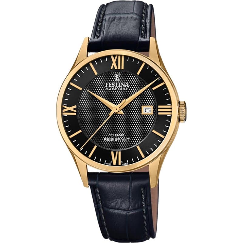 Festina Montre pour Homme F20010/4 Swiss Made Boîtier en Acier Inoxydable Doré Bracelet en Cuir Noir