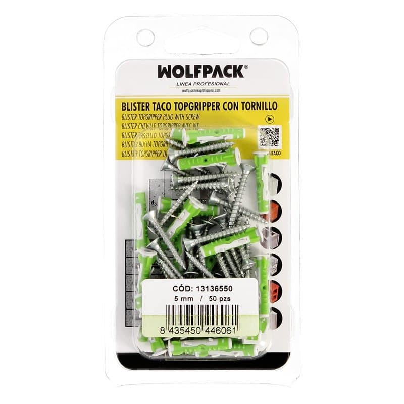 WOLFPACK LINEA PROFESIONAL - Blister Chevilles Topgripper bi-matière avec vis Ø 5 mm. 50 pièces Cheville d'ancrage Universelle,