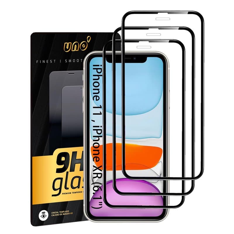 UNO' - Lot de 3 protecteurs d'écran en Verre trempé pour iPhone 11/XR (6,1 Pouces), Couverture complète avec Bords Noirs, Anti-T