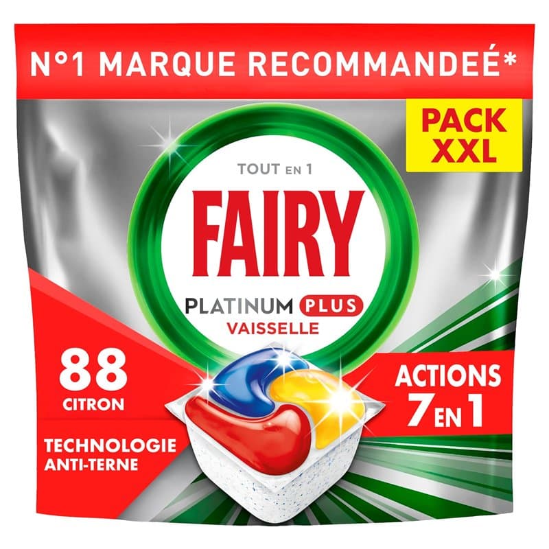 Fairy Platinum Plus Tablettes Lave-Vaisselle All In One Technologie Anti-terne, Citron, 88 Capsules, Nettoyage Optimal, Redonne