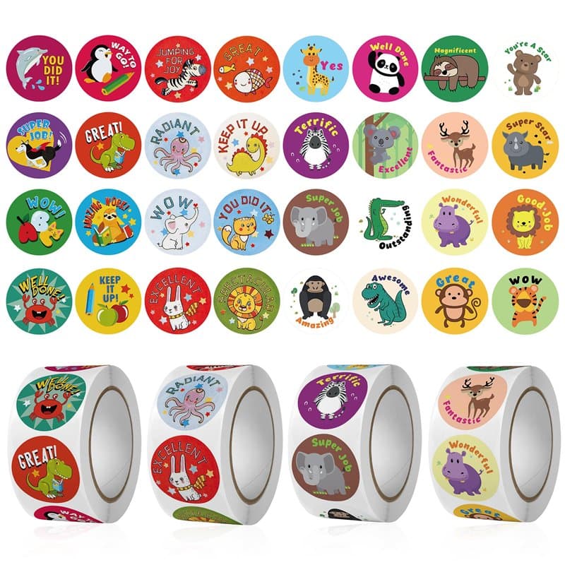 2000 Pièces Autocollants de Recompense, 32 Dessins Autocollant Récompense Rouleau Gommettes Animaux, Stickers École Récompense R