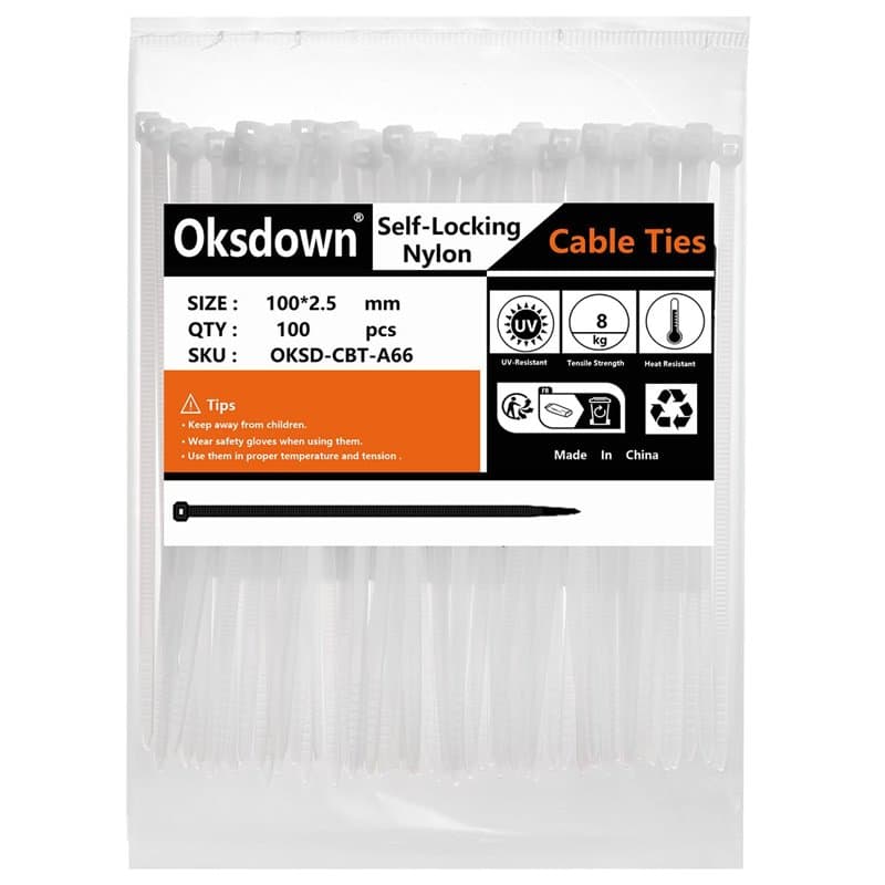 Oksdown Collier de Serrage en Nylon 100 mm × 2,5 mm Attache Câble Plastique Rilsan Serre Câbles Petit Format, Blanc, Lot de 100