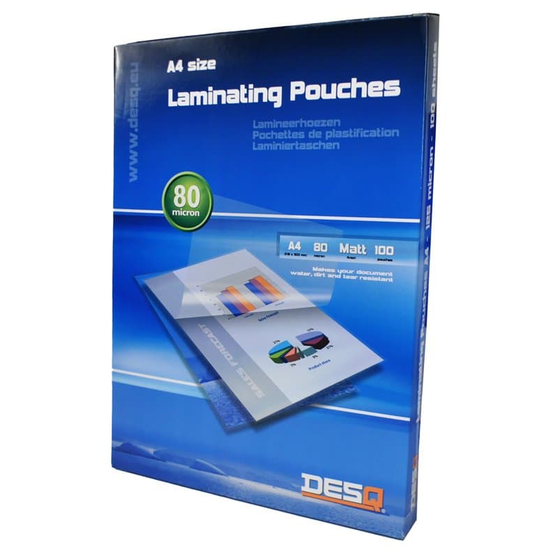DESQ® Pochettes de plastification - A4, 80 microns, Mat, Coins arrondis, Pochettes à plastifier, 100 pièces, 216 x 303 mm, Premi