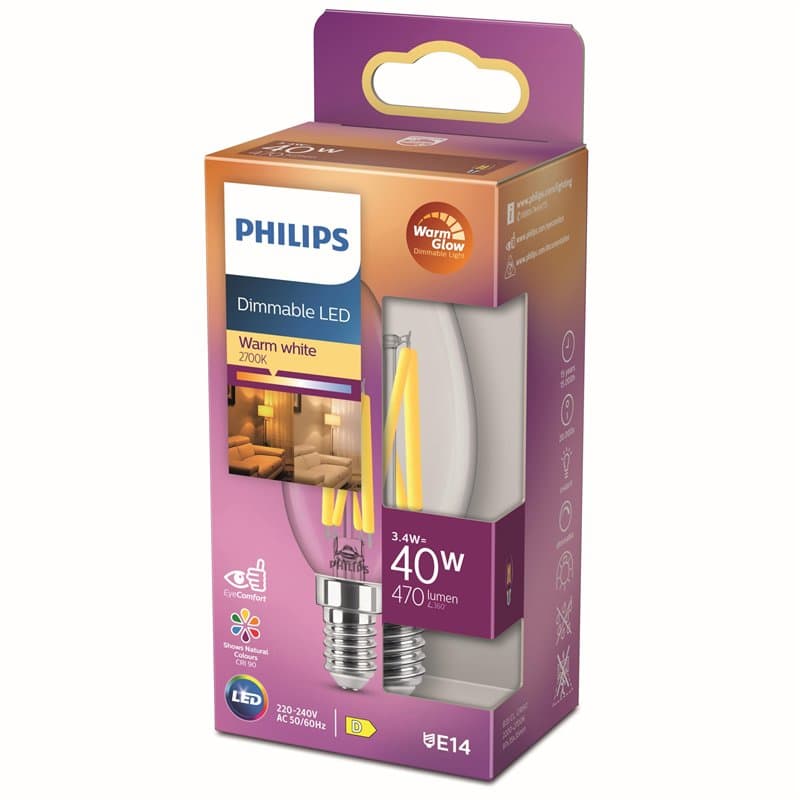 Philips ampoule LED Flamme E14 40W Blanc Chaud Claire, Verre, Compatible Variateur