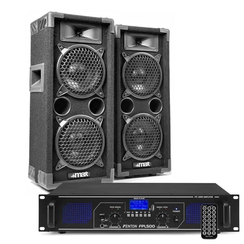 Kit DJ Max26 2 Enceintes avec Amplificateur - 1200 Watts, avec Fonction Bluetooth et Lecteur MP3, Télécommande Incluse, Câbles F
