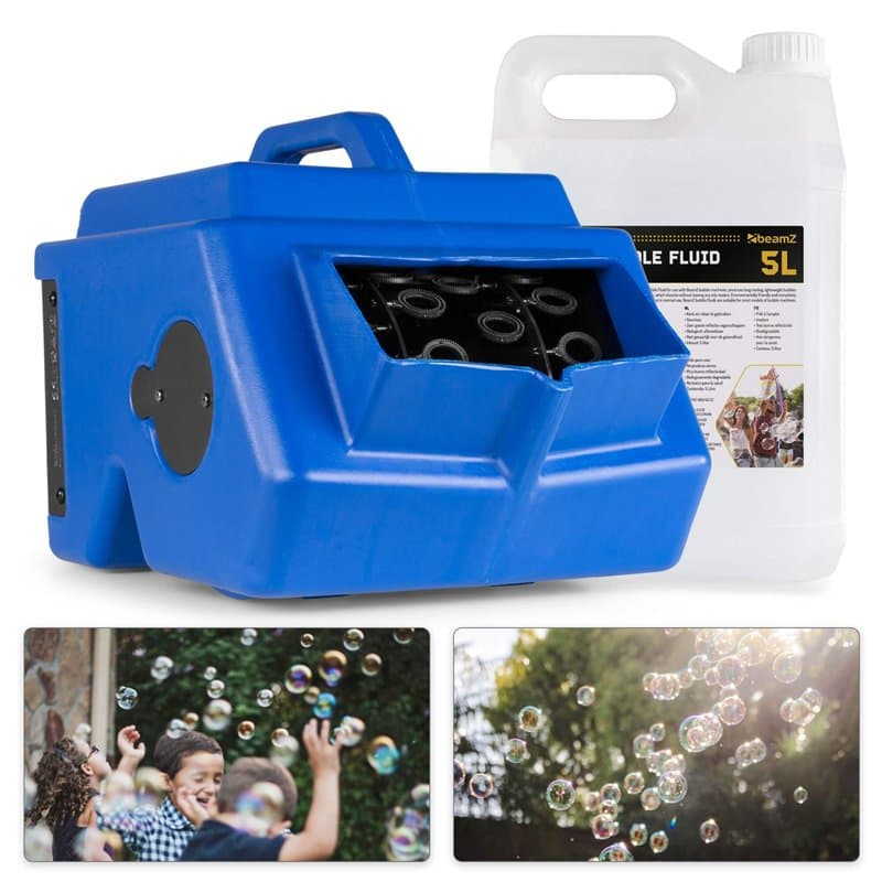 BeamZ B1500 Pack Machine à Bulles avec 5L de Liquide, Double Roue, Réservoir 2L, Télécommande Incluse, Idéal pour Fêtes, Mariage