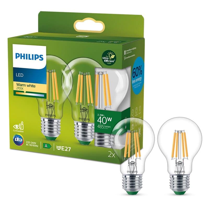 Philips, ampoule LED Ultra Efficient Classe A, culot E27, transparente, équivalent 40W, blanc chaud, 2700K, verre, lot de 2