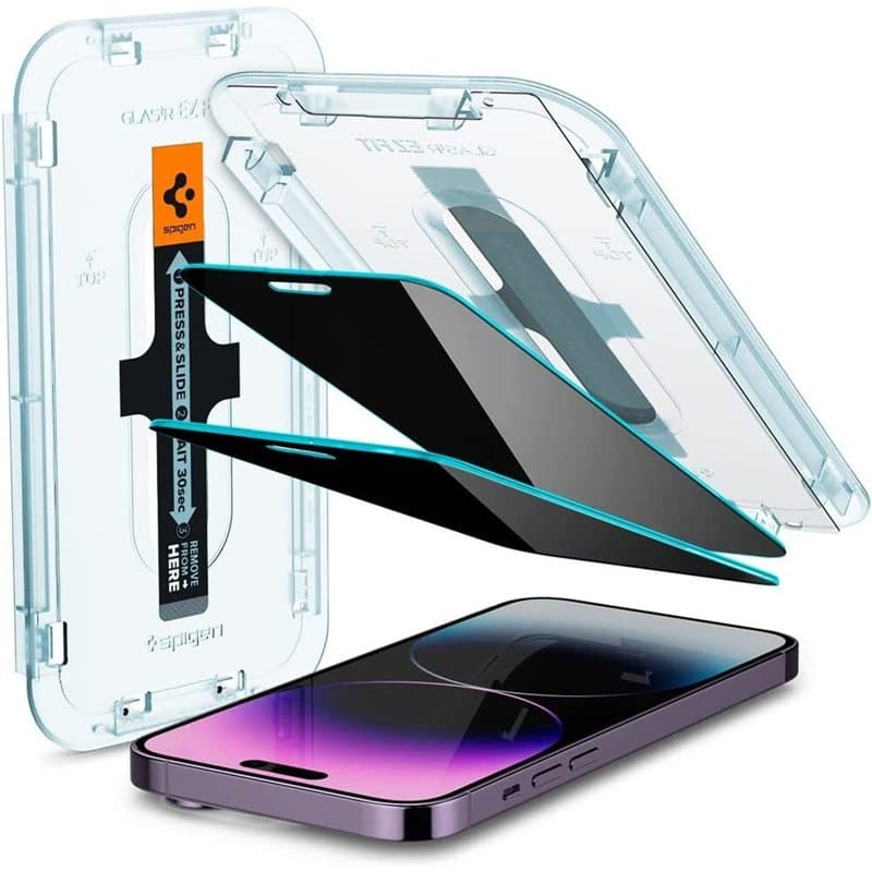 Spigen Glas.tR EZ Fit Verre Trempé pour iPhone 14 Pro Max, 2 Pièces, Anti-Espion, Dureté 9H, Résistant aux Rayures, Protection é