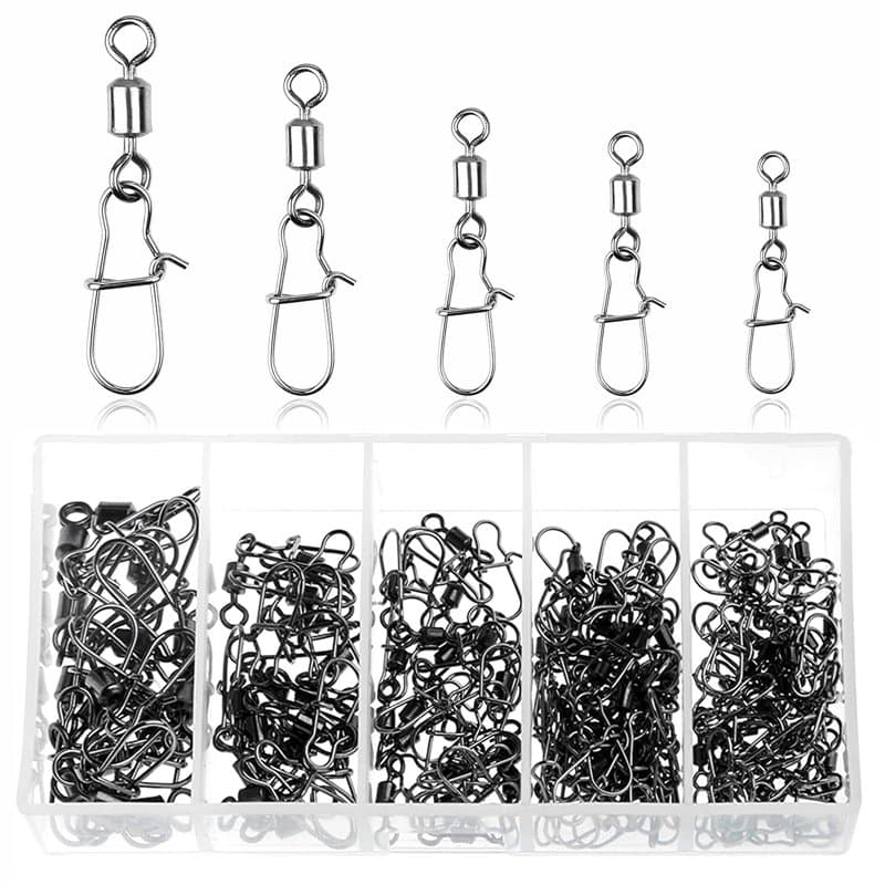 JSUOEO Lot de 125 émerillons de pêche #2#4#6#8#12 en acier inoxydable roulements à billes 8-28 kg avec mousqueton Accessoires de