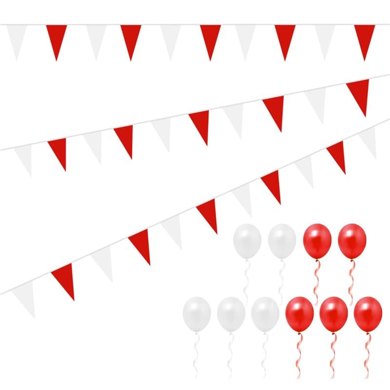 Banderoles Rouges et Blanches de 40 m et 10 Ballons, bannière de Drapeau Triangulaire, réutilisable Double Face, décoration de f