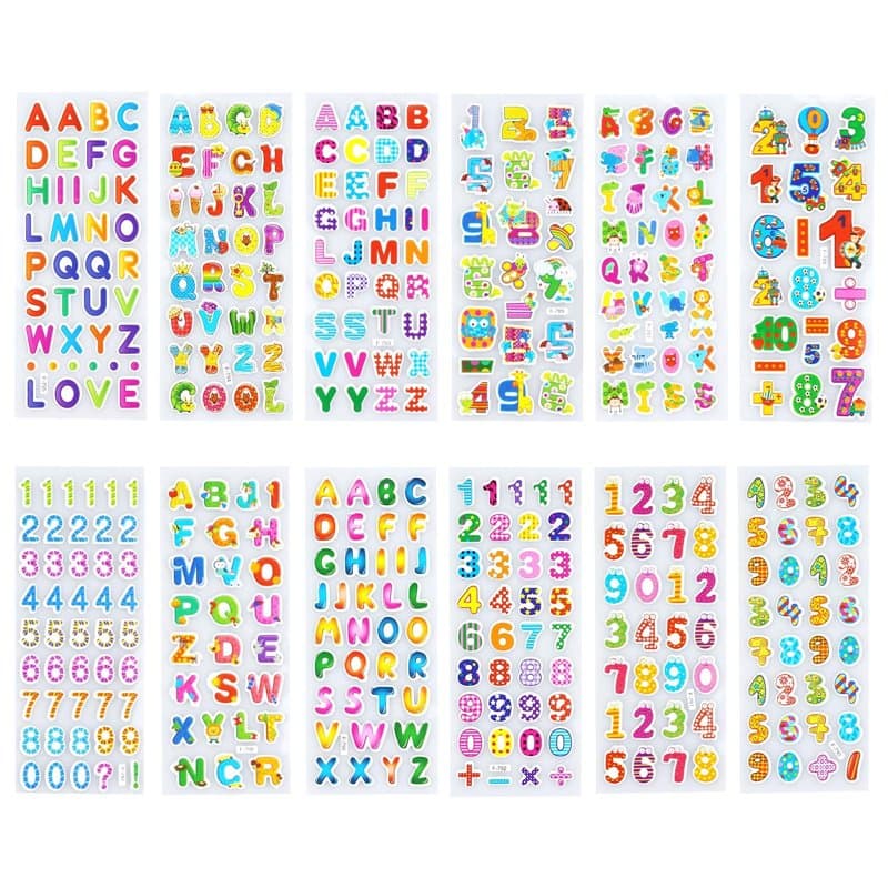 Lot de 12 feuilles d'autocollants 3D pour enfants - Alphabet coloré - Autocollants enflés - Numéros autocollants - Bricolage - D