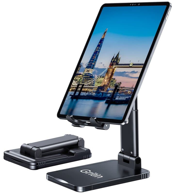 Gritin Support Téléphone, Support Tablette, Porte Téléphone Bureau Portable Réglable Dock Pliable Phone Holder pour iPhone 15/14