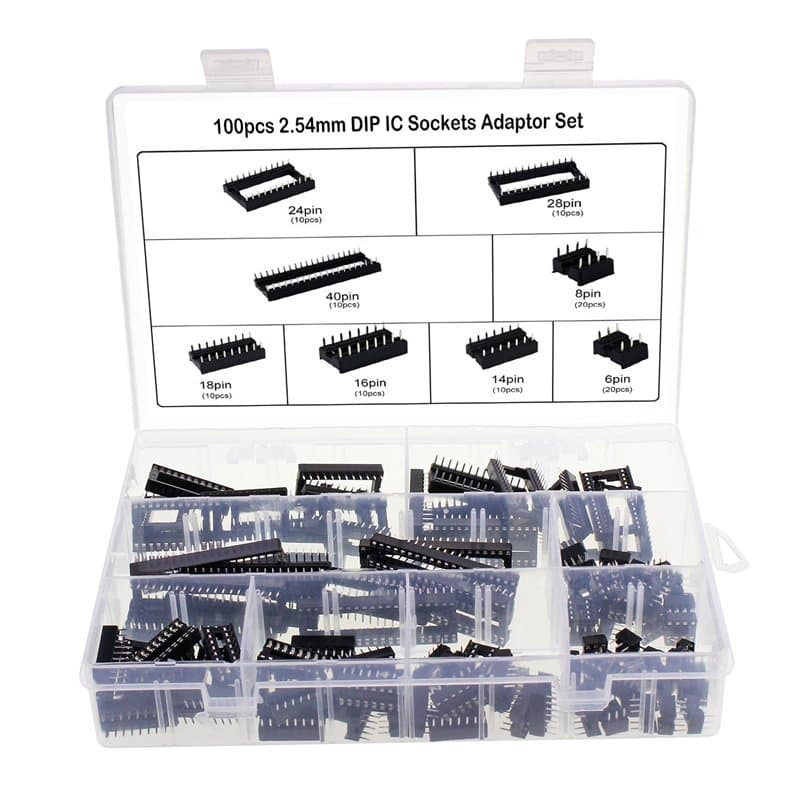 Aussel 100 pièces 2.54mm Pitch Dual Row DIP IC Sockets Solder Type Adapter Set 6, 8,14,16,18,24,28,40 Pin
