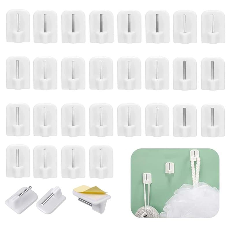 Lonnalee 30 Pcs Crochets Autocollants, Crochet Rideau Adhésifs, Plastique Support Tringle Rideaux Sans Percage, Tringle sans Per