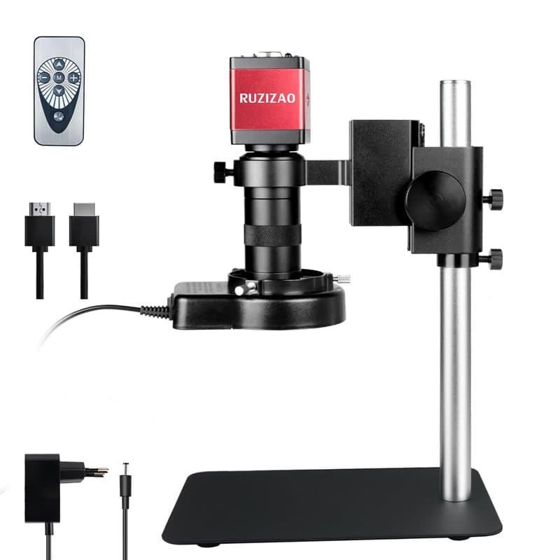 RUZIZAO Microscope Numérique HDMI 1080P VGA Caméra Microscope avec Objectif Zoom 130X, Annulaire Lumière LED et Base Métallique