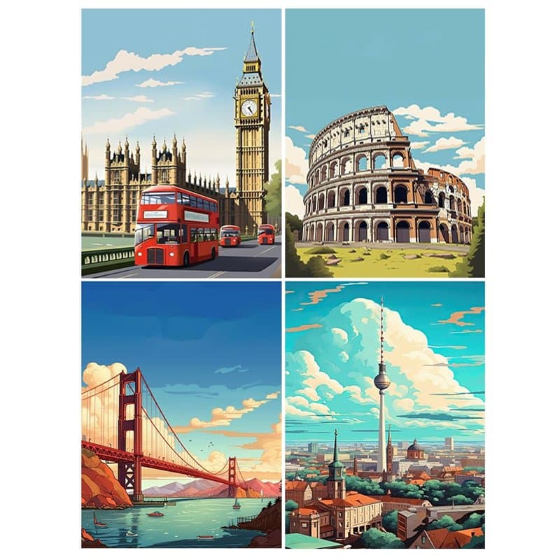 DCIDBEI 30x40CM 4 Lot Diamond Painting Paysage Abstrait, 5D Peinture Diamant kit Complet Ville, Tableau Diamant Rond, Jeu Occasi