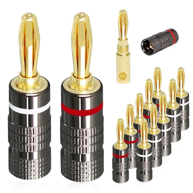 mizikuu 12 Pièces Fiches Bananes, 24K Connecteur Plaqué Or 4,5 mm Fiche Banane pour HiFi Haut-Parleur AV Stéréo Home Cinéma Audi