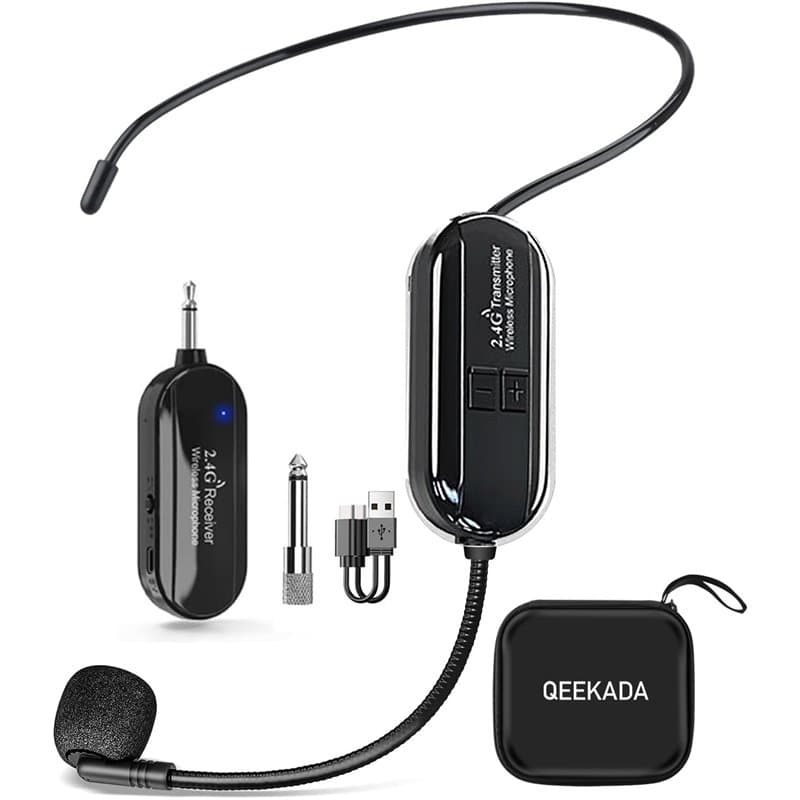 QEEKADA Microphone sans Fil, 2.4G Wireless Microphone Headset,Transmission sans Fil de 50m,Micro Casque sans Fil pour Guide Tour